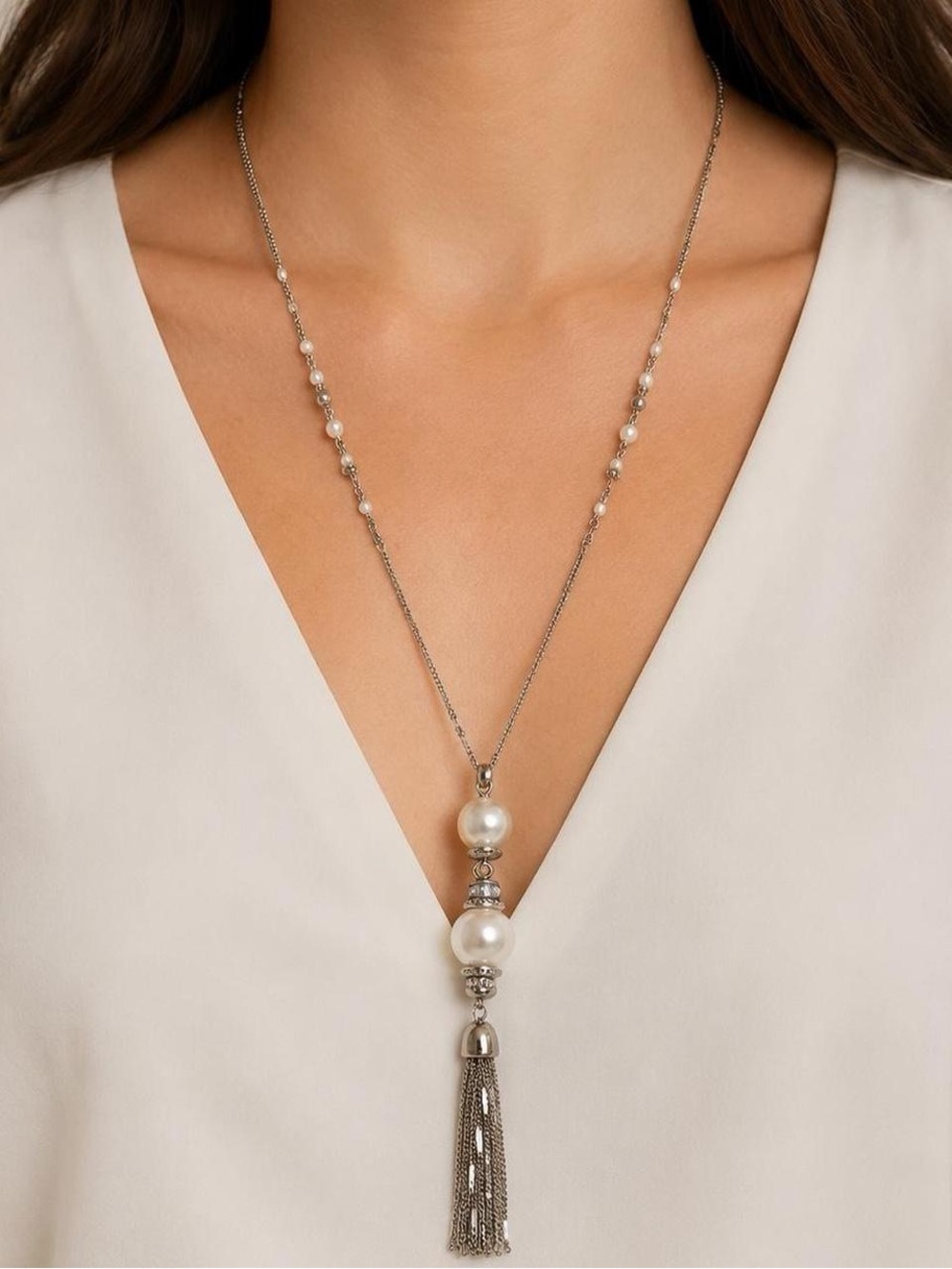 White House Black Market Long Pearl Tassel Pendant Necklace